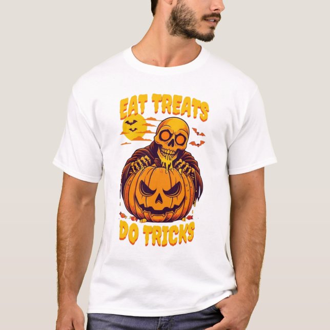 Camiseta Halloween Skeleton Eat Treats Do Tricks T-Shirt (Anverso)