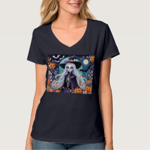 Camiseta Halloween Skeleton Flores de Brujas Calabaza y Bat