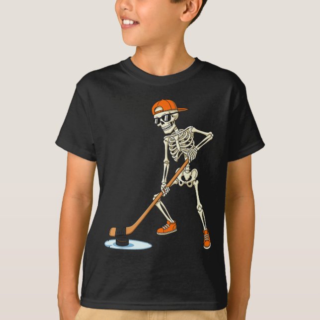 Camiseta Halloween Skeleton Funny Hockey For Boys Teens Men (Anverso)