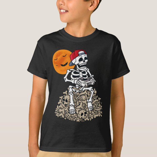 Camiseta Halloween Skeleton Gamer Niños Jóvenes Jugando 1 (Anverso)