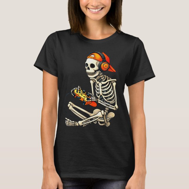 Camiseta Halloween Skeleton Gamer Video Gaming Boys Men Kid (Anverso)