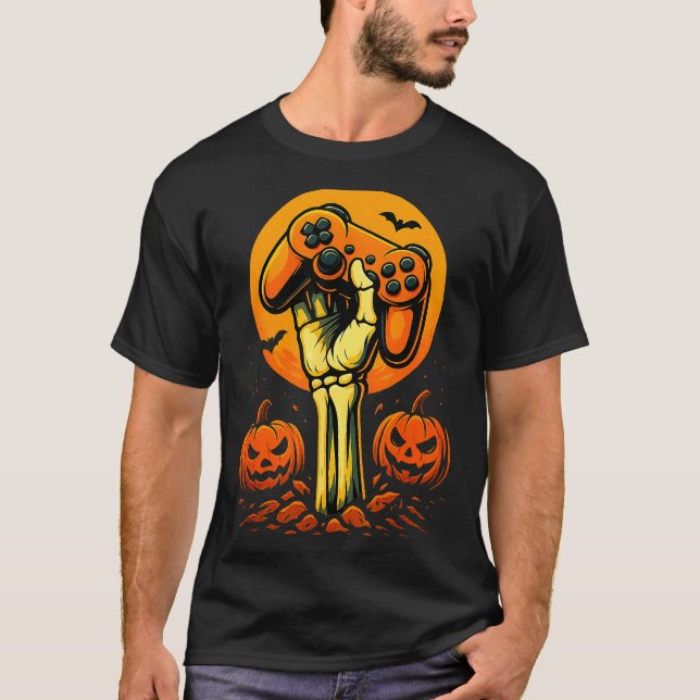 Camiseta Halloween Skeleton Gamer Video Gaming Controller B (Anverso)