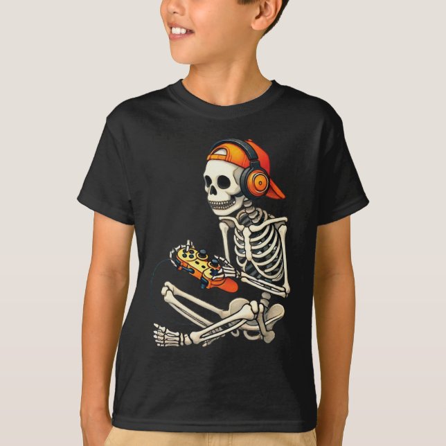 Camiseta Halloween Skeleton Gamer Video Juegos de Niños Hom (Anverso)