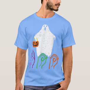 Camiseta Halloween Skeleton Hand American Rótulo Language