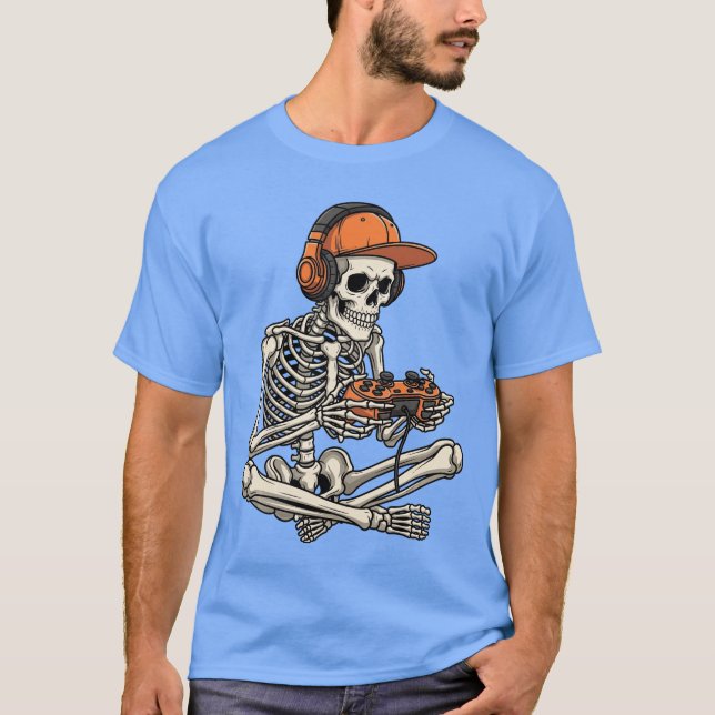 Camiseta Halloween Skeleton Playing Video Games Gaming Men  (Anverso)