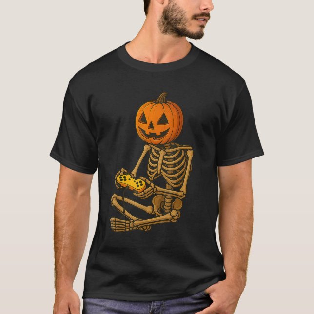 Camiseta Halloween Skeleton Pumpkin Gamer Video Gaming Men  (Anverso)