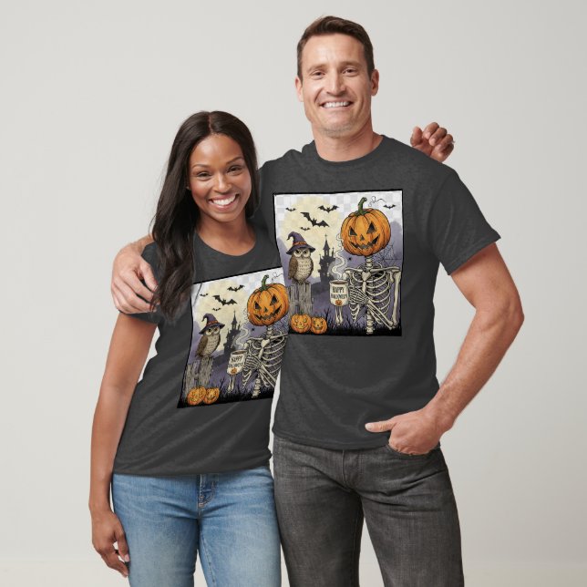 Camiseta Halloween Skeleton Pumpkin Owl Gráfico oscuro T-Sh (Unisexo)