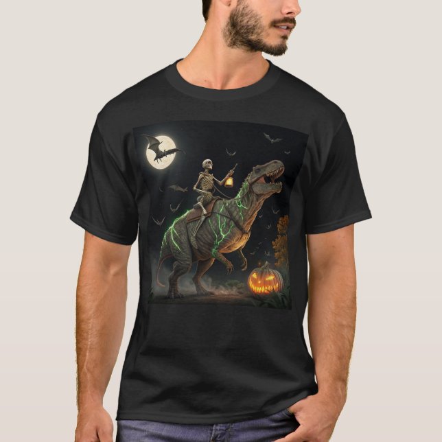 Camiseta Halloween Skeleton Riding Dinosaur Funny T (Anverso)