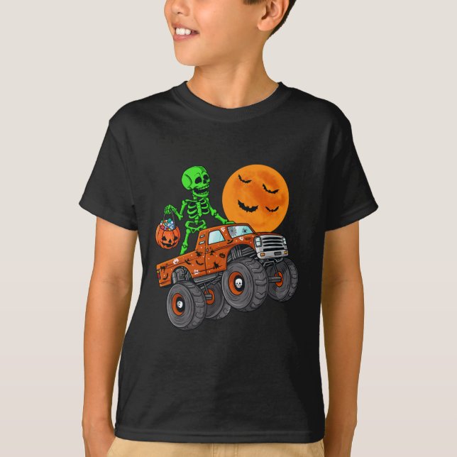Camiseta Halloween Skeleton Riding Monster Truck Toddler Bo (Anverso)