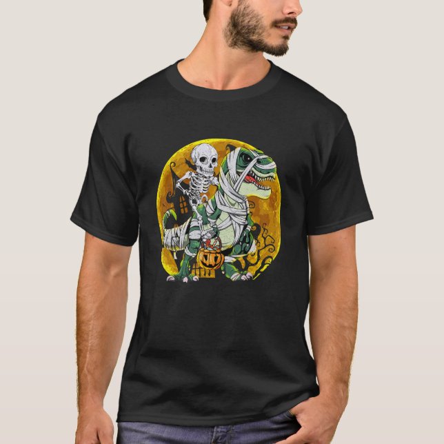 Camiseta Halloween Skeleton Riding Mummy Dinosaur rex Pumpk (Anverso)
