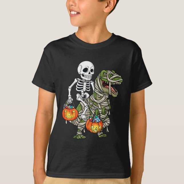 Camiseta Halloween Skeleton Riding Mummy Dinosaur T Rex Fun (Anverso)