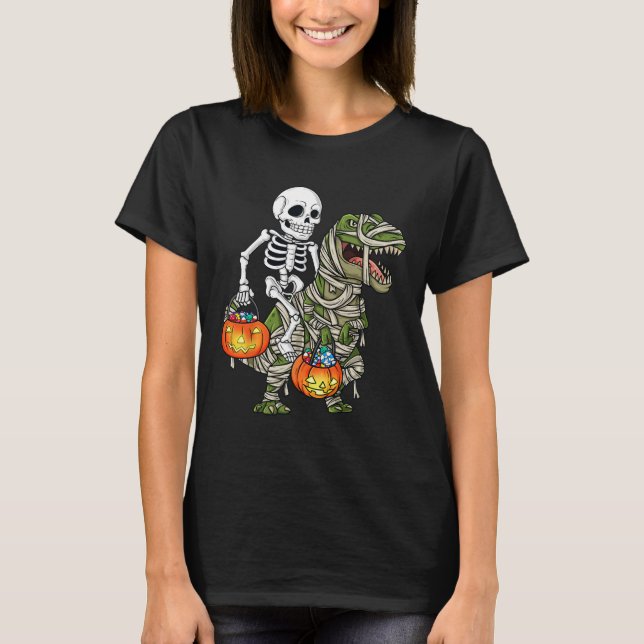 Camiseta Halloween Skeleton Riding Mummy Dinosaur T Rex Fun (Anverso)
