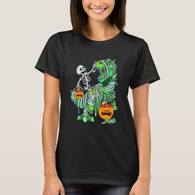 Camiseta Halloween Skeleton Riding Mummy Rex Dinosaur Kids (Anverso)