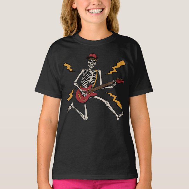 Camiseta Halloween Skeleton Rock Hand Jugando Chica de guit (Anverso)