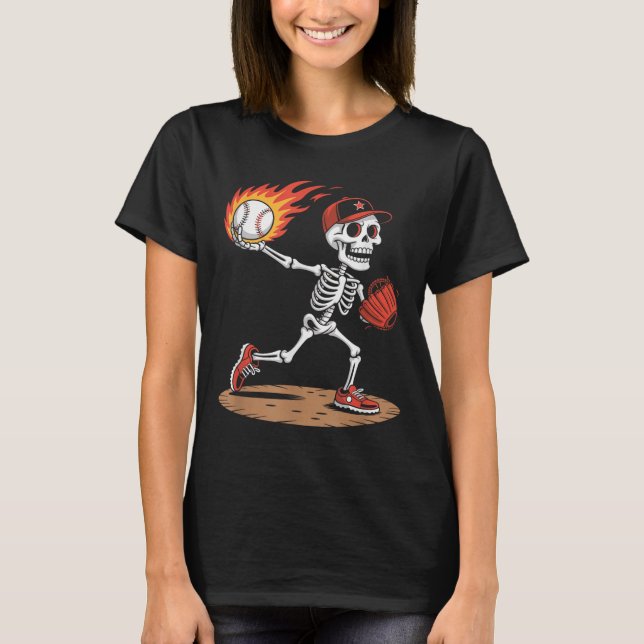 Camiseta Halloween Skeleton Tcher Flamando Gráfico de Béisb (Anverso)