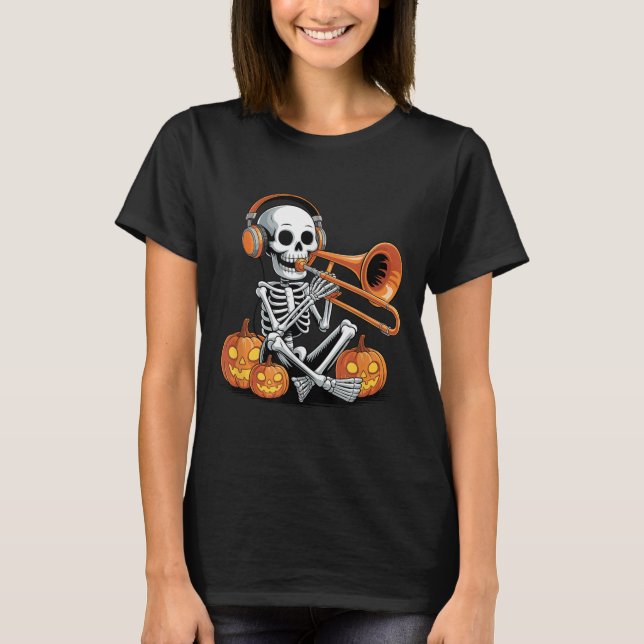 Camiseta Halloween Skeleton Trombone Trombonist  (Anverso)