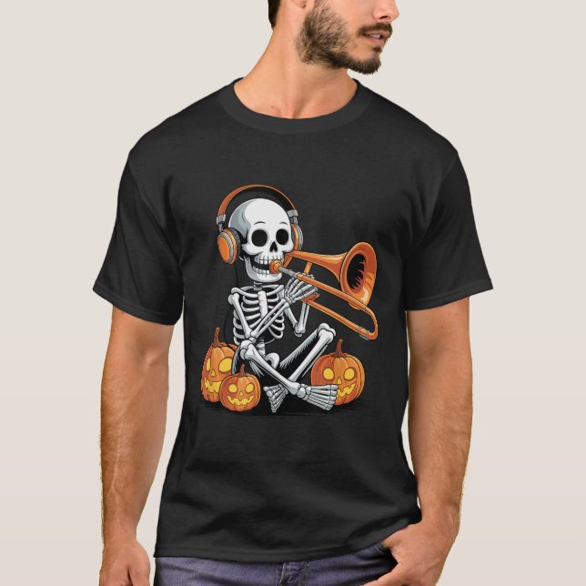 Camiseta Halloween Skeleton Trombone Trombonist  (Anverso)