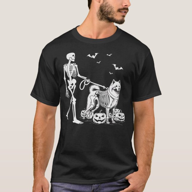 Camiseta Halloween Skeleton Walking Samoyed Dog (Anverso)