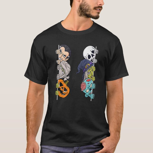 Camiseta Halloween Skeleton Witch Peeking Zombie Mummy Kids (Anverso)