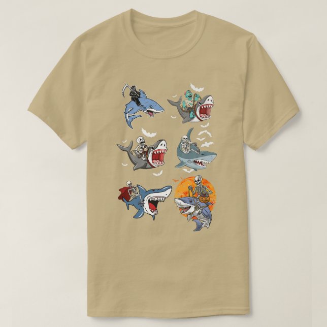 Camiseta Halloween Skeleton Zombie Riding Shark Mummy Vampi (Diseño del anverso)