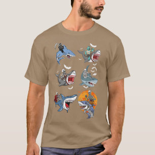 Camiseta Halloween Skeleton Zombie Riding Shark Mummy Vampi