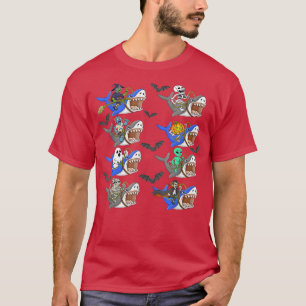 Camiseta Halloween Skeleton Zombie Riding Shark Mummy Vampi