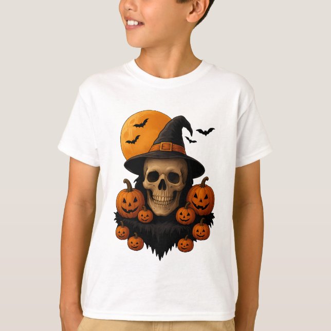 Camiseta Halloween Skull With Pumpkins and Witch Hat T-Shir (Anverso)