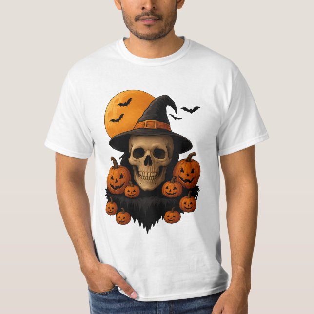Camiseta Halloween Skull With Pumpkins and Witch Hat T-Shir (Anverso)