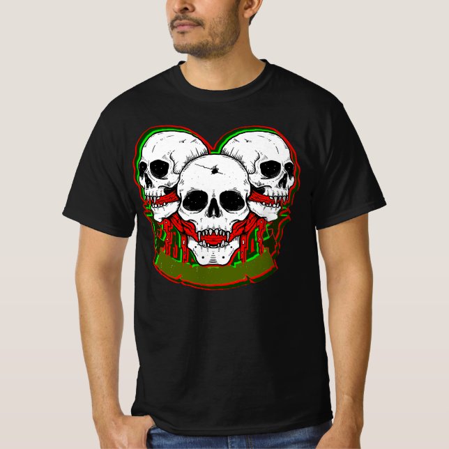 Camiseta Halloween Skulls White Red Green con trapos rojos (Anverso)