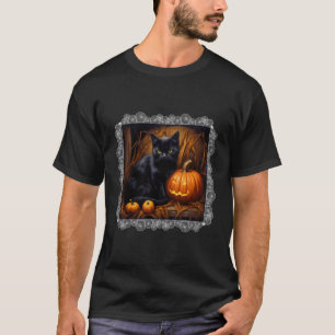 Camiseta Halloween Sombrío Gato Negro Y Jack O Lantern