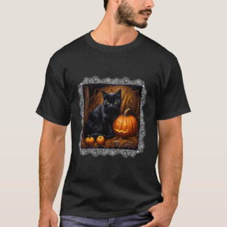 Camiseta Halloween Sombrío Gato Negro Y Jack O Lantern