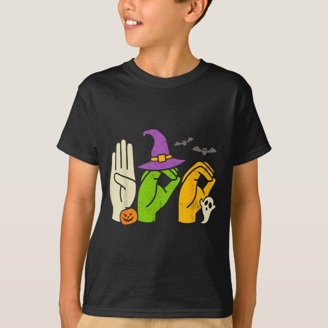 Camiseta Halloween Sped Teacher Boo In Asl Boo Hands Sign L (Anverso)