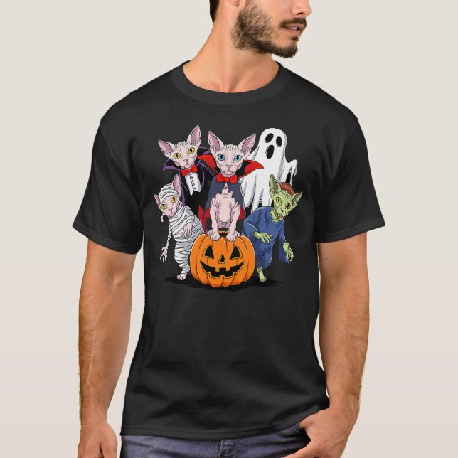 Camiseta Halloween Sphynx Cat Ghost Vampire Mummy (Anverso)