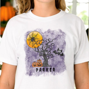 Camiseta Halloween Spider Bat Spooky Tree Name Purple