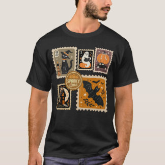 Camiseta Halloween Spooktime Postal Stamams Ghost Bat Cat