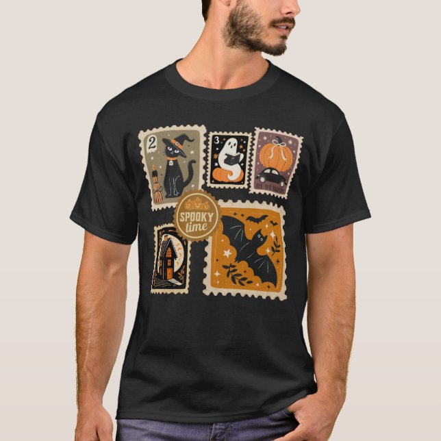 Camiseta Halloween Spooktime Postal Stamams Ghost Bat Cat (Anverso)