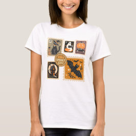 Camiseta Halloween Spooktime Postal Stamams Ghost Bat Cat