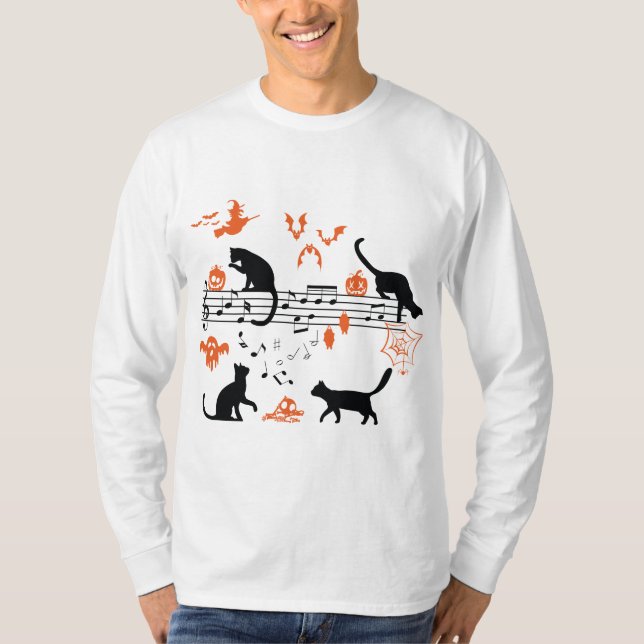Camiseta Halloween Spooky and Scary Cats Play Music Note (Anverso)