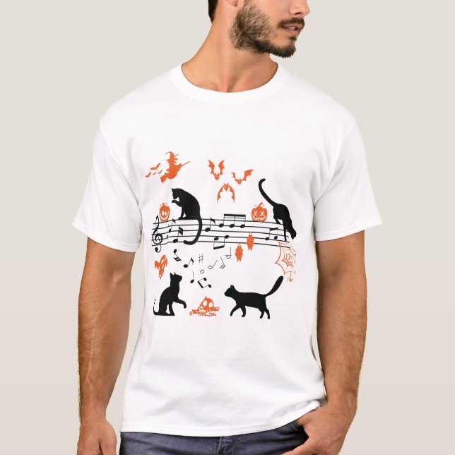Camiseta Halloween Spooky and Scary Cats Play Music Note (Anverso)