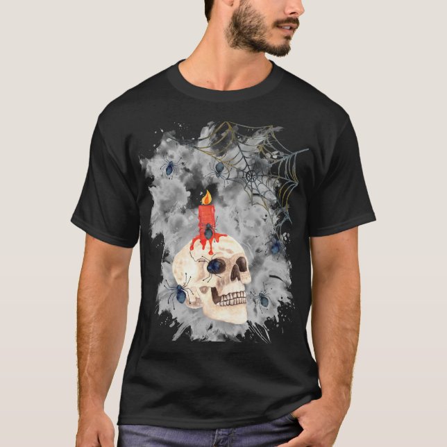 Camiseta Halloween Spooky Skull, Candle, Spiders & Webs (Anverso)