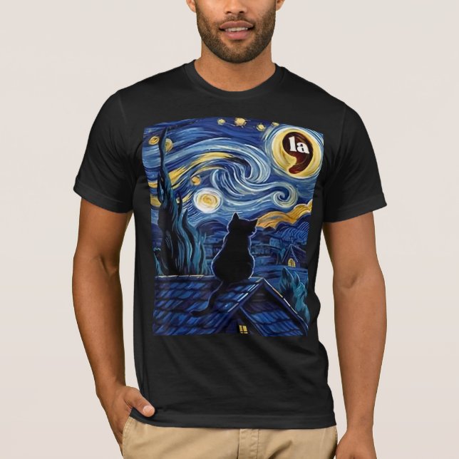 Camiseta Halloween Starry Night Black Cat Comma La Kamala (Anverso)