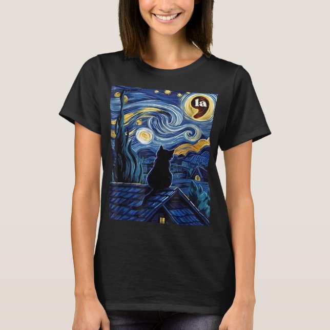 Camiseta Halloween Starry Night Black Cat Comma La Kamala (Anverso)
