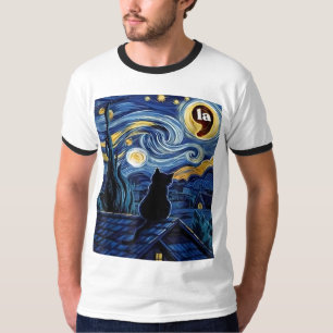 Camiseta Halloween Starry Night Black Cat Comma La Kamala