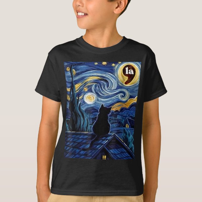 Camiseta Halloween Starry Night Black Cat Comma La Kamala (Anverso)