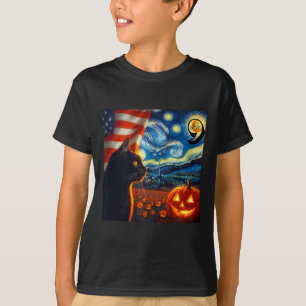 Camiseta Halloween Starry Night Black Cat Comma La Kamala H