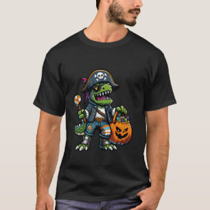 Camiseta Halloween T rex Pirate Eye Patch Candy Bag Treasur