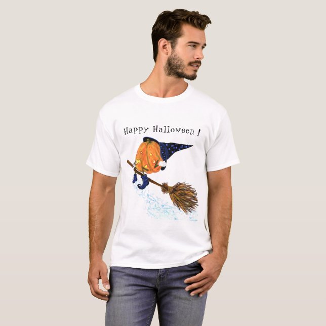 Camiseta Halloween T-Shirt Witch Pumpkin Flying Broom Funny (Anverso completo)