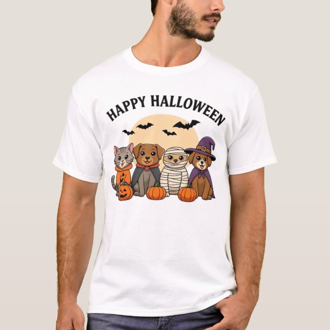 Camiseta Halloween T-Shirt with Cute Cats and Dogs in Costu (Anverso)
