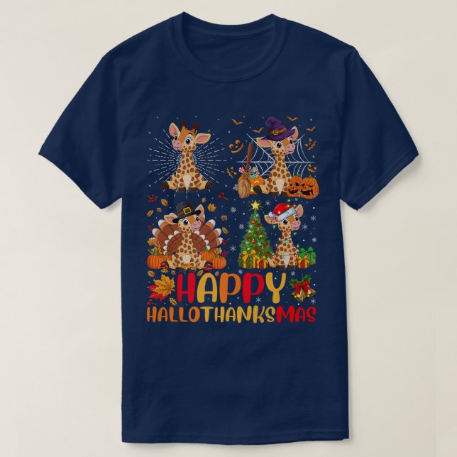 Camiseta Halloween Thanksgiving Christmas Giraffe Hallothan (Diseño del anverso)
