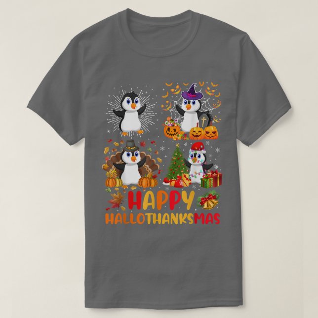 Camiseta Halloween Thanksgiving Christmas Penguin Hallothan (Diseño del anverso)